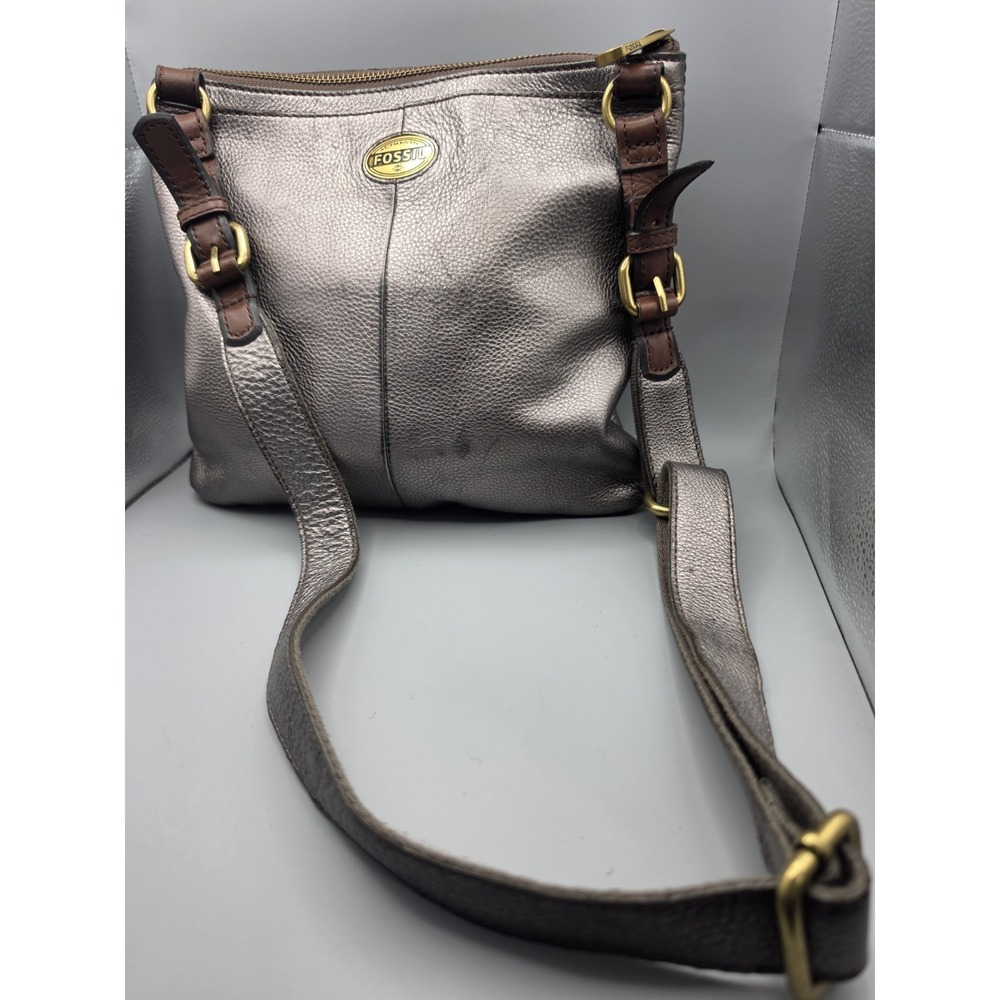 Fossil Metallic Bronze Leather Crossbody Bag Brown Trim Adjustable Strap
